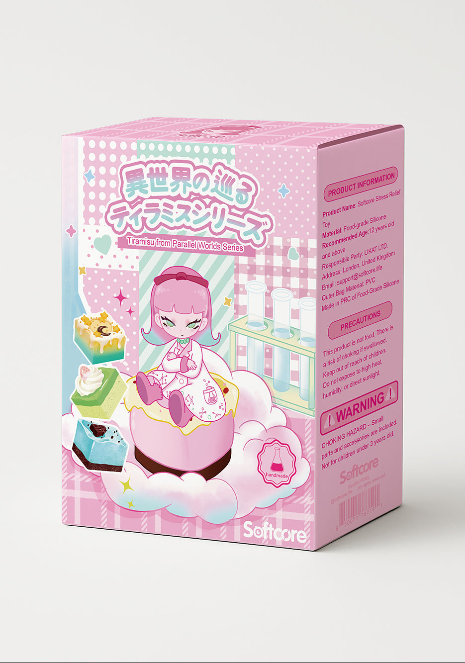 Pink toy packaging with a character on a cloud, featuring Softcore branding.
