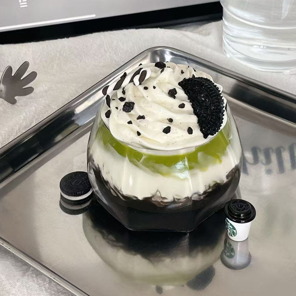 matcha oreo dessert squishy toy with green and brown accents, slow rising stress relief