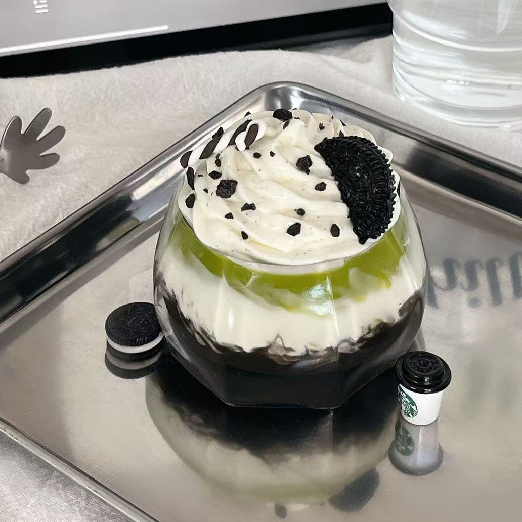 matcha oreo dessert squishy toy with green and brown accents, slow rising stress relief