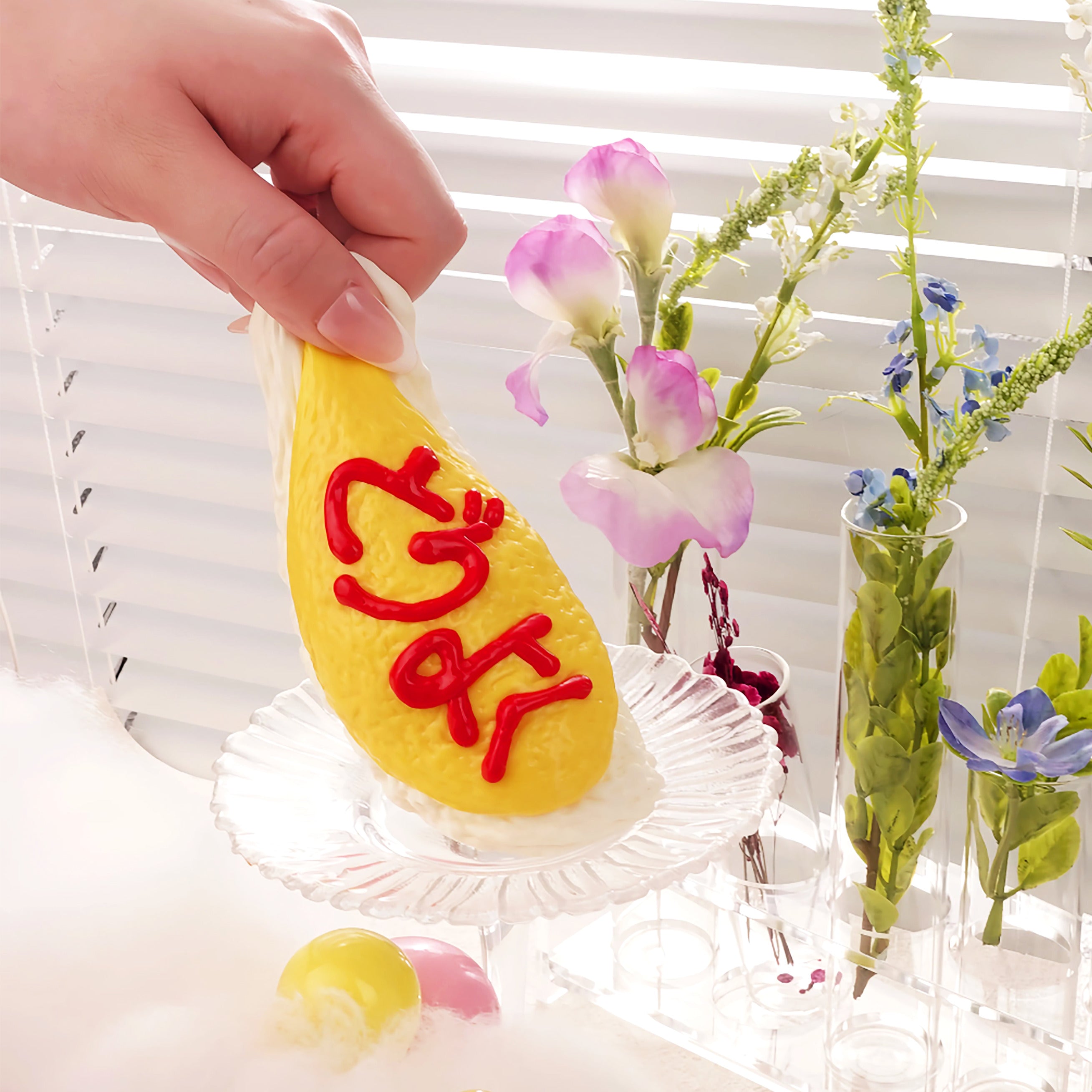 cute omurice squishy toy squeezed by one hand, kawaii stress relief fidget collectible