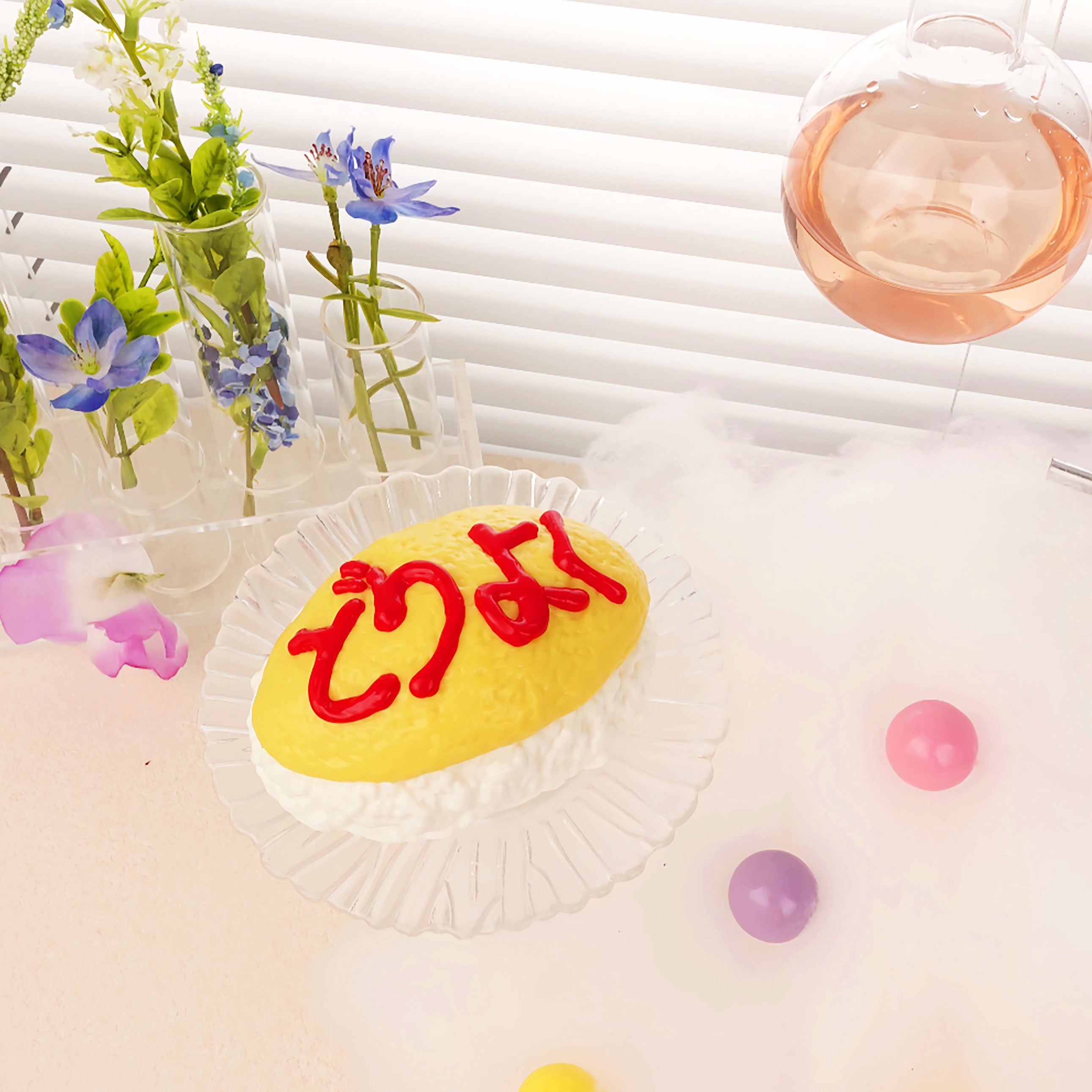 cute omurice squishy toy on display, soft kawaii stress relief collectible