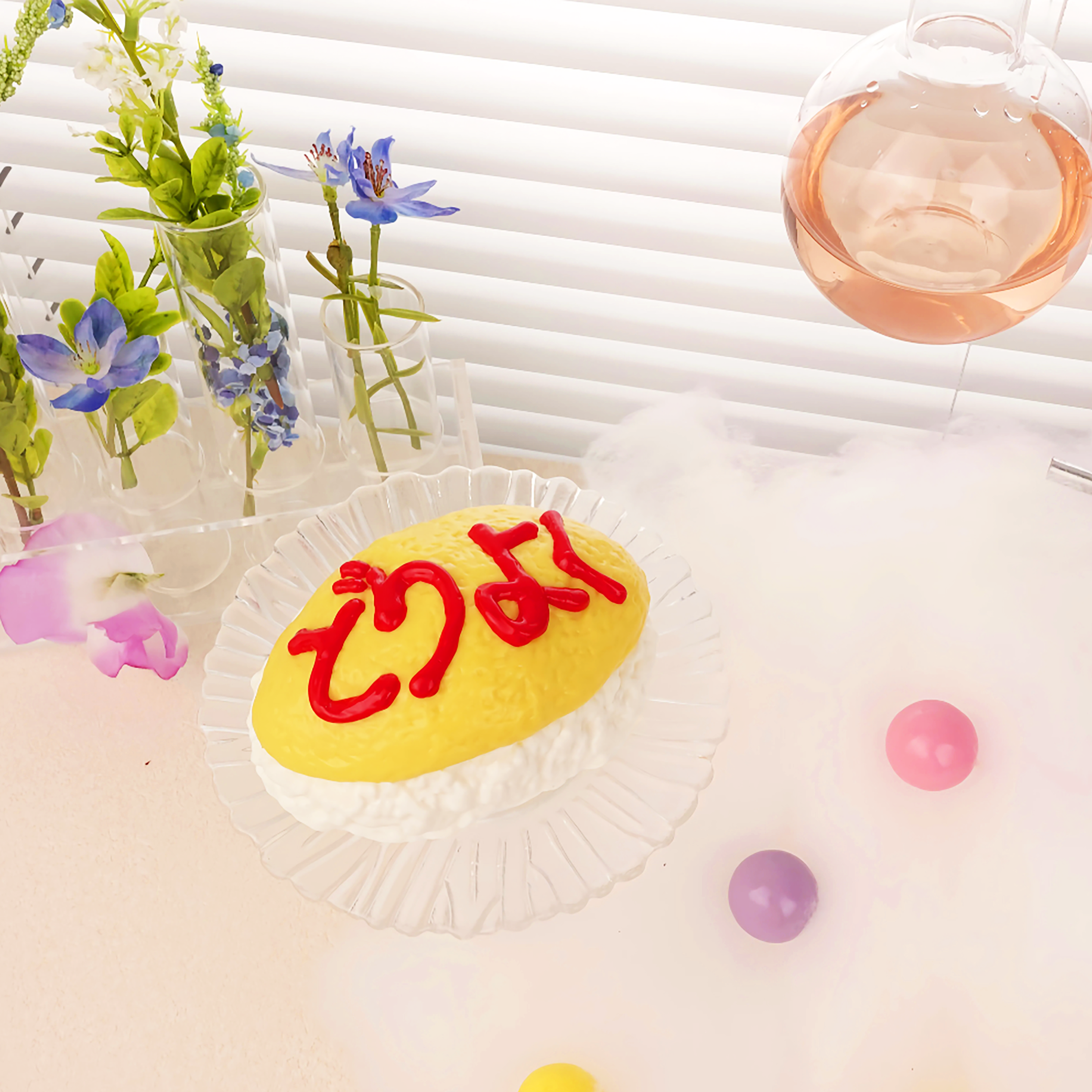 cute omurice squishy toy on display, soft kawaii stress relief collectible