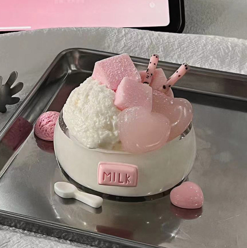 peach milk dessert squishy toy in pastel pink, cute stress relief collectible